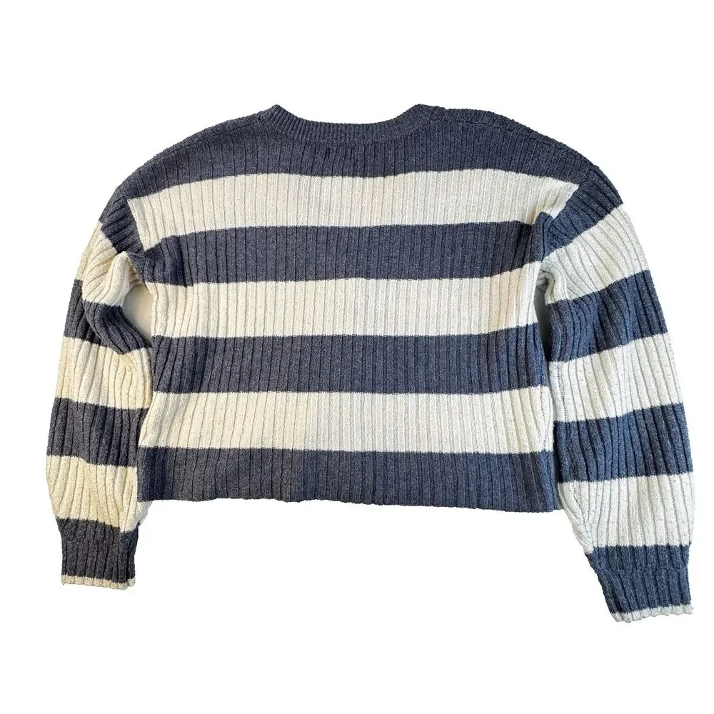 Blue Rain Striped Cropped Cardigan Sz Small Blue and Cream Stripes Button Front